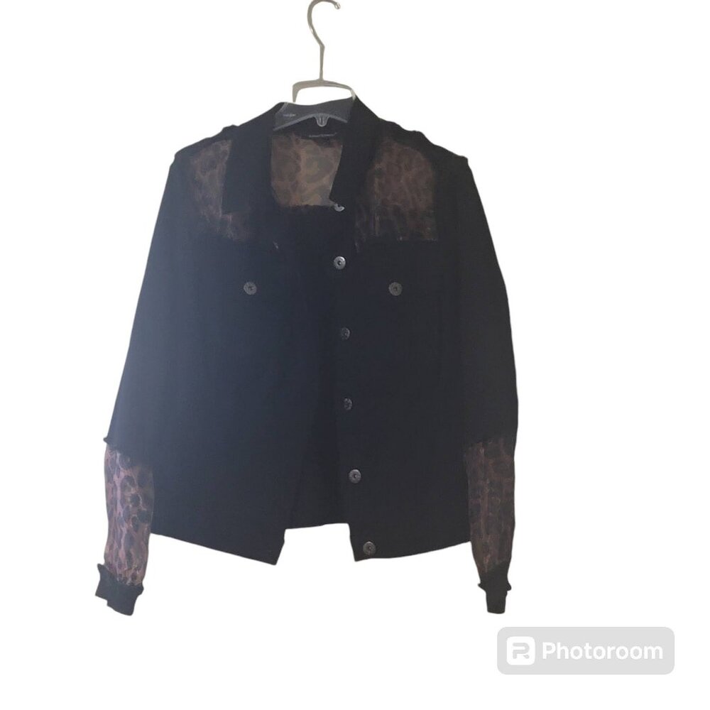 Preloved Womens Plus Black Denim Jacket with Animal Print, Size 14/16